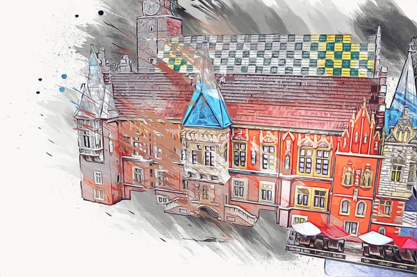 旧市街広場 市庁舎 ヴロツワフ ポーランド アートイラストレトロヴィンテージアンティークスケッチ — ストック写真