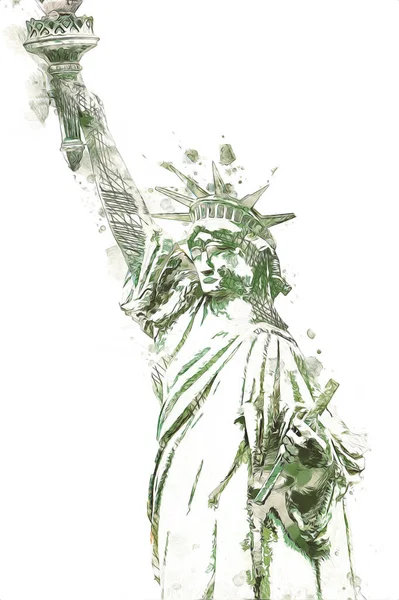 ニューヨークの街並の風景の上の自由の女神像位置が低い川沿いマンハッタン 建築と観光の概念を持つ建物 — ストック写真