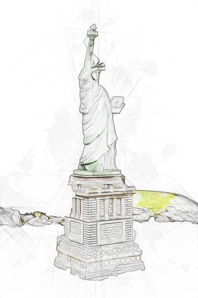 Estatua Libertad Sobre Escena Del Paisaje Urbano Nueva York Junto —  Fotos de Stock