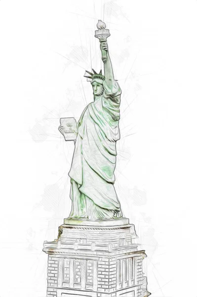 Estatua Libertad Sobre Escena Del Paisaje Urbano Nueva York Junto — Foto de Stock