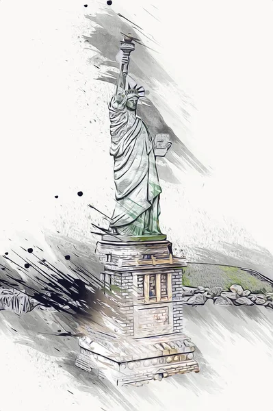 Statue Liberté Sur Scène New York Paysage Urbain Côté Rivière — Photo