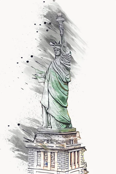 纽约市景江畔的自由女神像位于低洼地区 具有旅游理念的建筑和建筑 — 图库照片