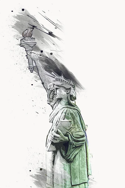 Estatua Libertad Sobre Escena Del Paisaje Urbano Nueva York Junto — Foto de Stock