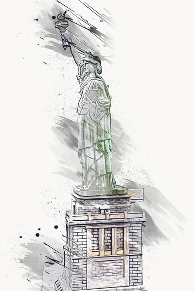 Manhattan, Mimarlık ve Turizm Konsepti 'nin aşağısında yer alan New York şehir manzaralı nehir kenarındaki Özgürlük Anıtı.