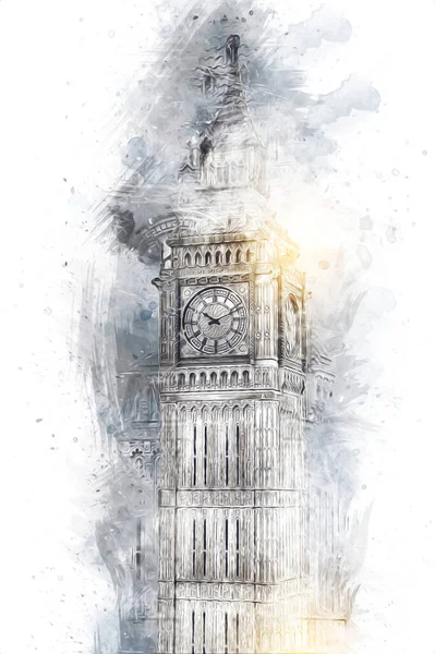 London Big Ben Art Zeichnung Skizze Illustration Spaß Design Vintage — Stockfoto