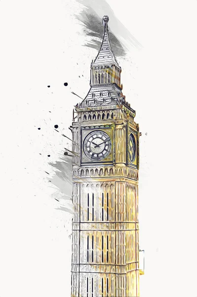 London Big Ben Art Drawing Sketch Illustration Fun Design Vintage — стоковое фото