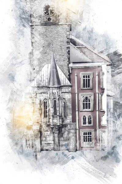 Prag 'daki eski şehir meydanı, Çek Cumhuriyeti, sanat illüstrasyonu antika eskiz