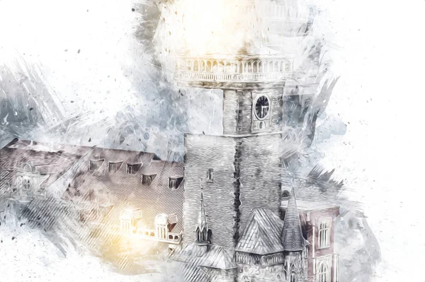 Prag 'daki eski şehir meydanı, Çek Cumhuriyeti, sanat illüstrasyonu antika eskiz