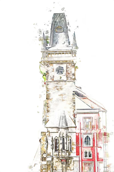 プラハ旧市街広場 チェコ共和国 アートイラストレトロなヴィンテージアンティークスケッチ — ストック写真