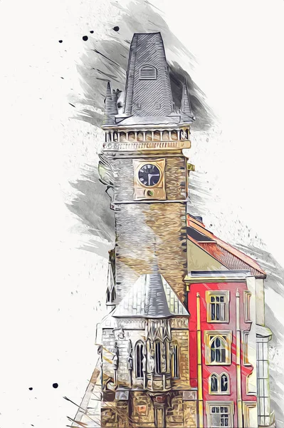プラハ旧市街広場 チェコ共和国 アートイラストレトロなヴィンテージアンティークスケッチ — ストック写真