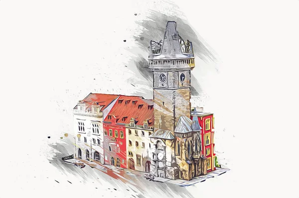 Oude Stadsplein Praag Tsjechië Art Illustration Retro Vintage Antieke Schets — Stockfoto