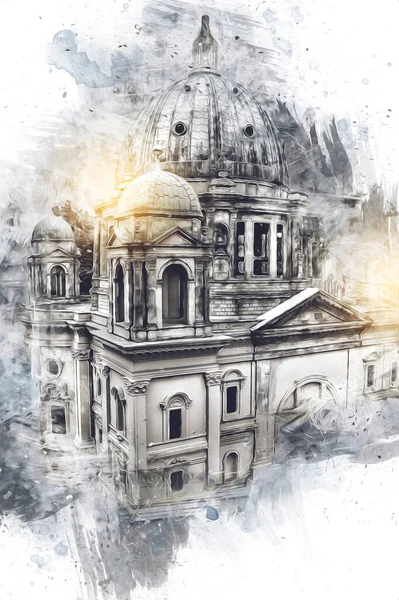 Berliner Dom, Berlin, Deutschland, Almanya, Avrupa, sanat illüstrasyonu antika eskiz