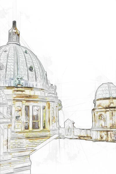 Berliner Dom, Berlin, Deutschland, Almanya, Avrupa, sanat illüstrasyonu antika eskiz