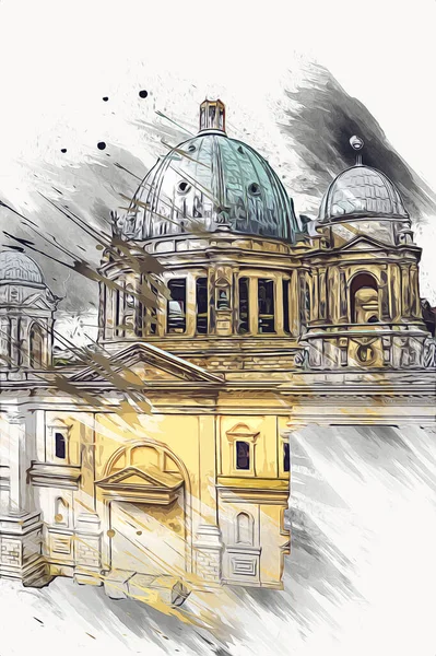 Berliner Dom, Berlin, Deutschland, Almanya, Avrupa, sanat illüstrasyonu antika eskiz
