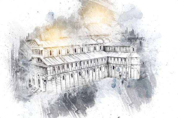 Pisa sanat fotoğrafçılığı, hava manzarası, İtalya, kule, illüstrasyon, antika eskiz