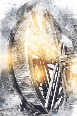 Conwy Castle eski kaldırma ekipmanı sanat illüstrasyonu antika eskiz