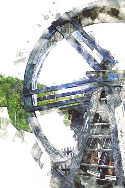 Conwy Castle eski kaldırma ekipmanı sanat illüstrasyonu antika eskiz