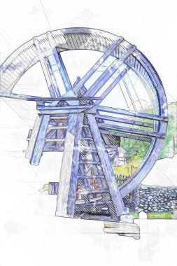 Conwy Castle eski kaldırma ekipmanı sanat illüstrasyonu antika eskiz