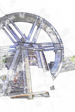 Conwy Castle eski kaldırma ekipmanı sanat illüstrasyonu antika eskiz