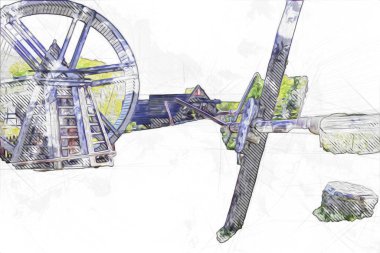 Conwy Castle eski kaldırma ekipmanı sanat illüstrasyonu antika eskiz