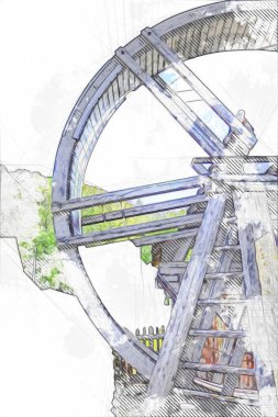 Conwy Castle eski kaldırma ekipmanı sanat illüstrasyonu antika eskiz