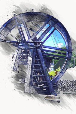 Conwy Castle eski kaldırma ekipmanı sanat illüstrasyonu antika eskiz