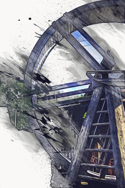 Conwy Castle eski kaldırma ekipmanı sanat illüstrasyonu antika eskiz