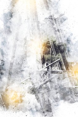 Bir inşaat sahasında ortaçağ vinci, eski çağlar, sanat illüstrasyonu antika eskiz