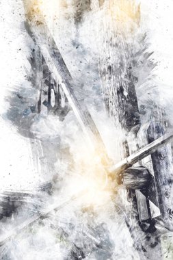 Bir inşaat sahasında ortaçağ vinci, eski çağlar, sanat illüstrasyonu antika eskiz