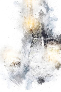 Bir inşaat sahasında ortaçağ vinci, eski çağlar, sanat illüstrasyonu antika eskiz