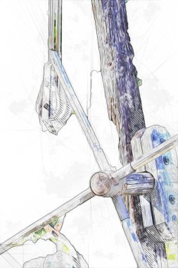 Bir inşaat sahasında ortaçağ vinci, eski çağlar, sanat illüstrasyonu antika eskiz