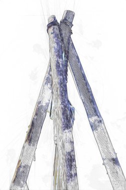 Bir inşaat sahasında ortaçağ vinci, eski çağlar, sanat illüstrasyonu antika eskiz