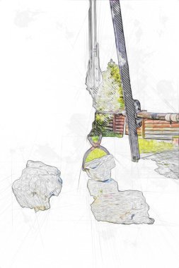 Bir inşaat sahasında ortaçağ vinci, eski çağlar, sanat illüstrasyonu antika eskiz