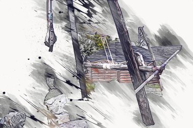 Bir inşaat sahasında ortaçağ vinci, eski çağlar, sanat illüstrasyonu antika eskiz