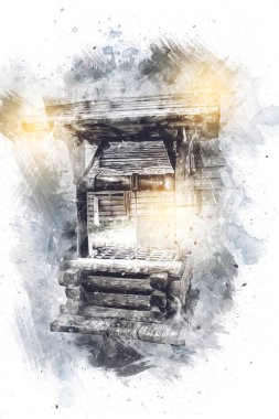 Asılı ahşap kovası, ahşap çatısı, yaşlılığı, sanat illüstrasyonları antika eskizi olan antik artezyen kuyusu.