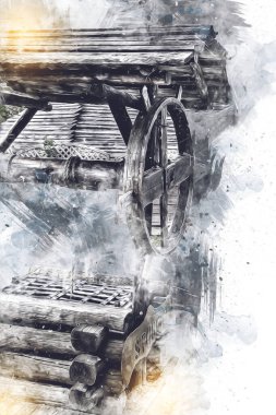 Asılı ahşap kovası, ahşap çatısı, yaşlılığı, sanat illüstrasyonları antika eskizi olan antik artezyen kuyusu.