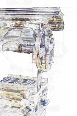 Asılı ahşap kovası, ahşap çatısı, yaşlılığı, sanat illüstrasyonları antika eskizi olan antik artezyen kuyusu.