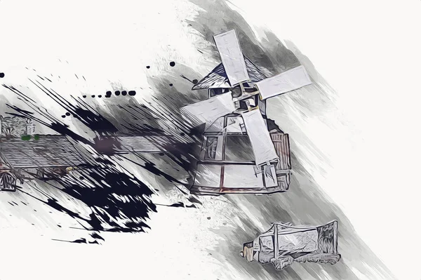 Eski bir yel değirmeni fotoğraf klasiği çizimi