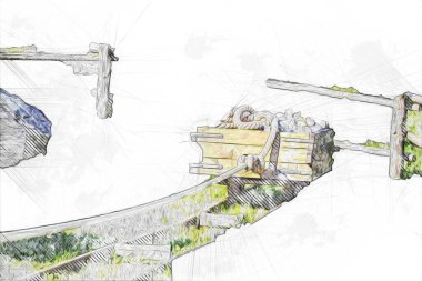 Gümüş, altın, bakır madeni, ortaçağ tarihi sanat illüstrasyonu antika eskiz.