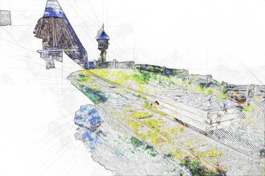 Gümüş, altın, bakır madeni, ortaçağ tarihi sanat illüstrasyonu antika eskiz.