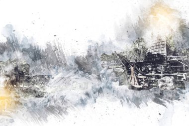 Ortaçağ maden yerleşiminde altın durulama yalakları, ortaçağ tarihi sanat illüstrasyonları antika eskizler