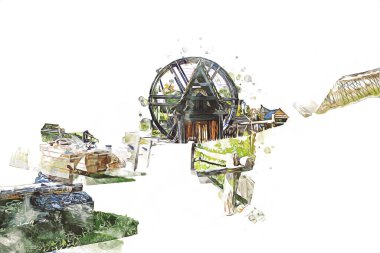 Ortaçağ maden yerleşiminde altın durulama yalakları, ortaçağ tarihi sanat illüstrasyonları antika eskizler