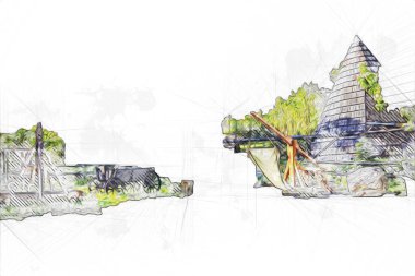 Ortaçağ maden yerleşiminde altın durulama yalakları, ortaçağ tarihi sanat illüstrasyonları antika eskizler