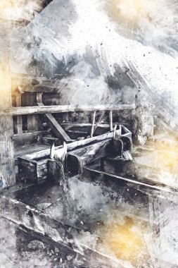 Steppe Mill Mill Wheel Kış Peyzajı Lueneburg Heath, Ortaçağ sanat illüstrasyonu antika eskiz