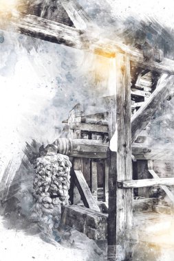 Steppe Mill Mill Wheel Kış Peyzajı Lueneburg Heath, Ortaçağ sanat illüstrasyonu antika eskiz