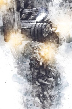 Steppe Mill Mill Wheel Kış Peyzajı Lueneburg Heath, Ortaçağ sanat illüstrasyonu antika eskiz