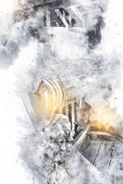 Steppe Mill Mill Wheel Kış Peyzajı Lueneburg Heath, Ortaçağ sanat illüstrasyonu antika eskiz