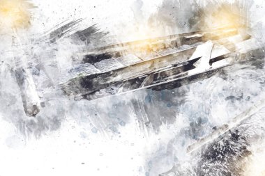 Steppe Mill Mill Wheel Kış Peyzajı Lueneburg Heath, Ortaçağ sanat illüstrasyonu antika eskiz