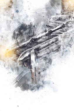 Steppe Mill Mill Wheel Kış Peyzajı Lueneburg Heath, Ortaçağ sanat illüstrasyonu antika eskiz