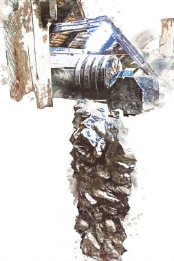 Steppe Mill Mill Wheel Kış Peyzajı Lueneburg Heath, Ortaçağ sanat illüstrasyonu antika eskiz